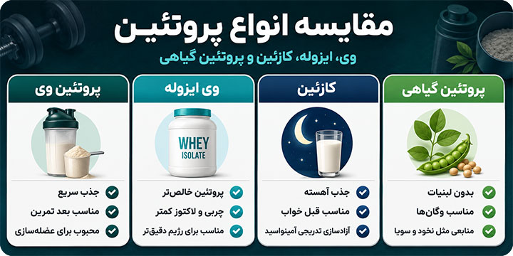مقایسه پروتئین وی ایزوله کازئین و پروتئین گیاهی